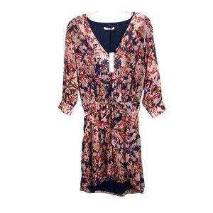 NWT Three Eighty Two Floral Multicolor V Neck Belted Midi Dress Semi‎ Sheer Med